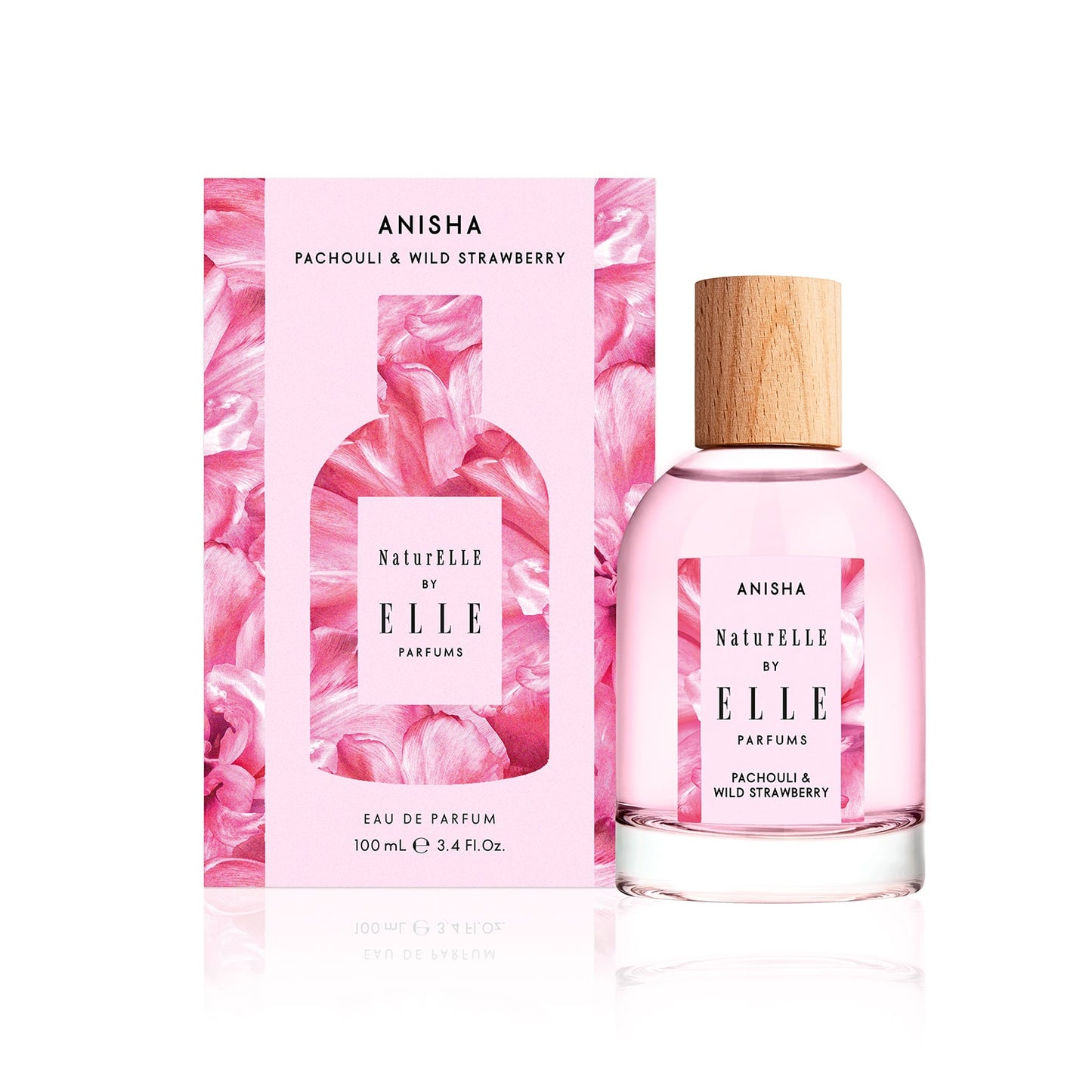 Packshot of NaturELLE Anisha by ELLE Parfums 100ml. The main ingredients in Anisha Eau De Parfum are Patchouli & Wild Strawberry. It's vegan, cruelty-free, naturally and ethically sourced. It's perfect for day and night.