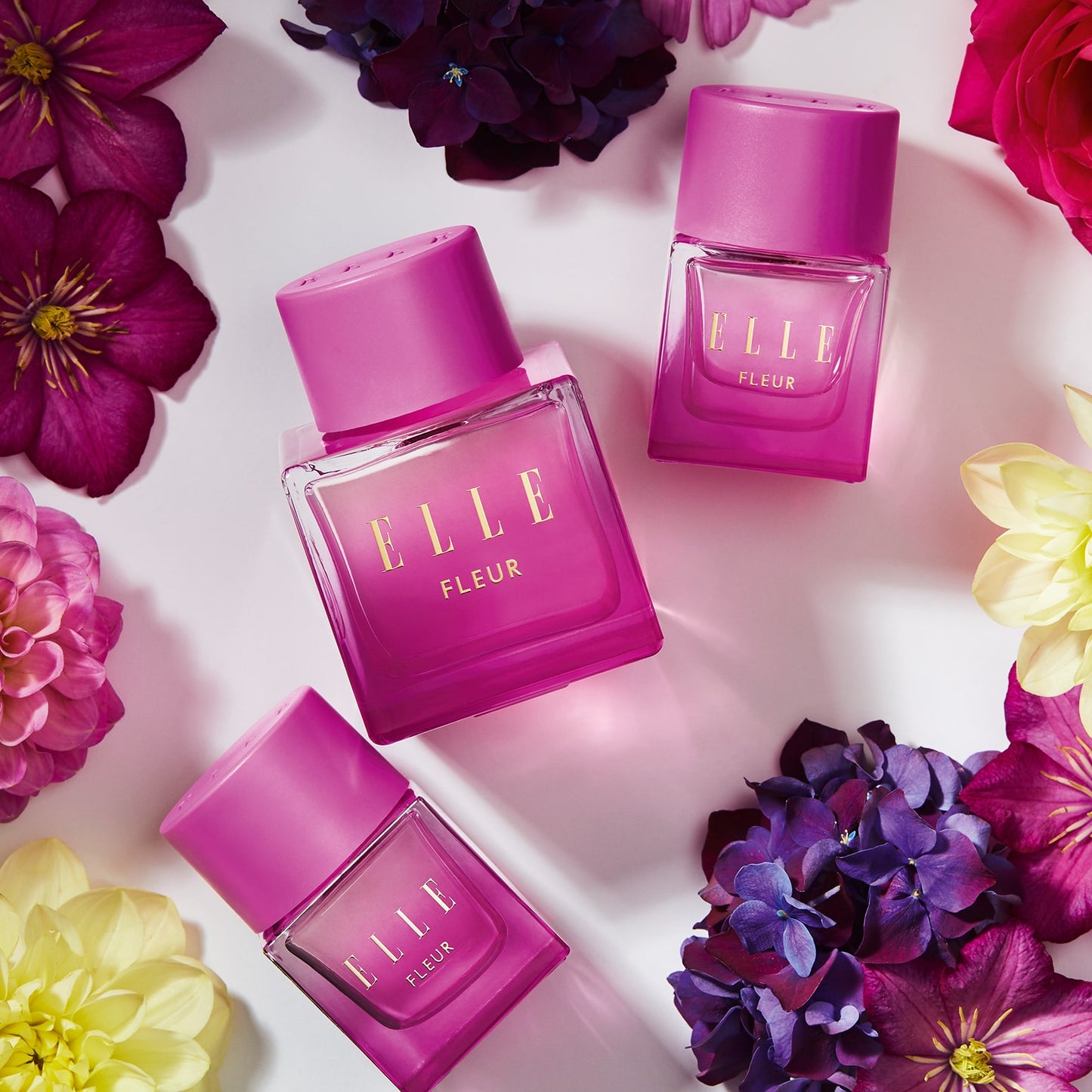 Packshot of Fleur fragrance by ELLE Parfums. A pink, girly bottle embodies a fruity, floral, and gourmand scent—perfect as an everyday eau de parfum for ladies and young women seeking a fresh, feminine fragrance.