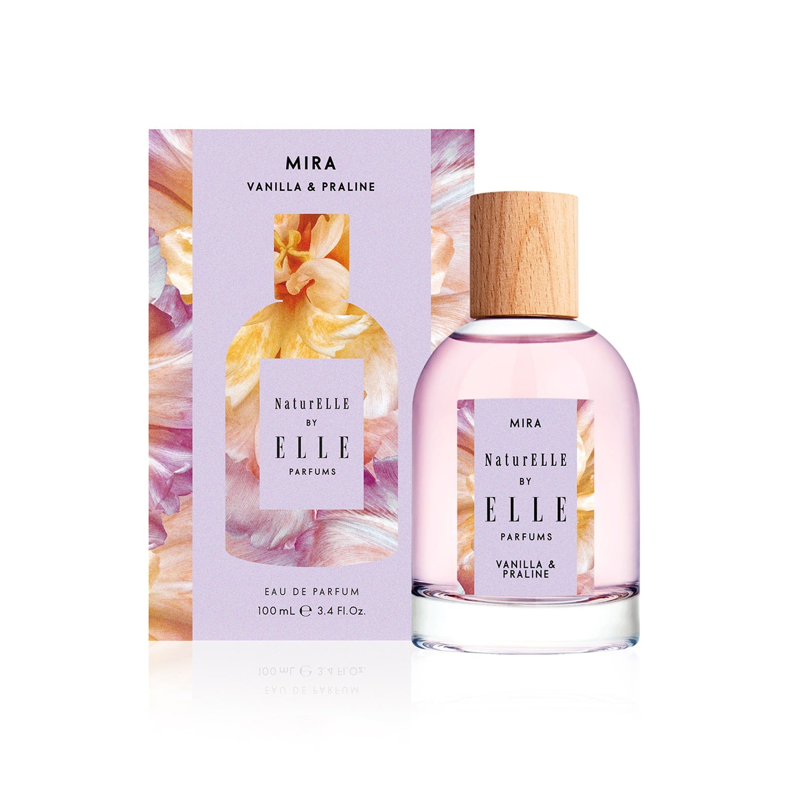 Packshot of Mira by ELLE Parfums 100ml. The main ingredients in Mira Eau De Parfum are Vanilla & Praline. It's vegan, cruelty-free, naturally and ethically sourced. It's perfect for day and night.