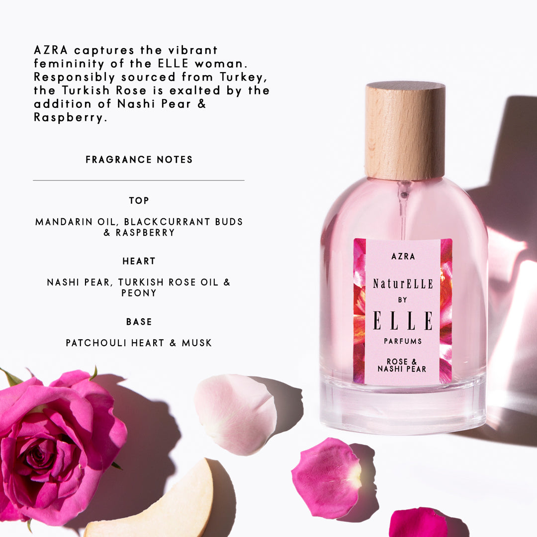 Infographic of NaturELLE Azra by ELLE Parfums 100ml. The main ingredients in Azra Eau De Parfum are Rose & Nashi Pear. It's vegan, cruelty-free, naturally and ethically sourced. It's perfect for day and night.