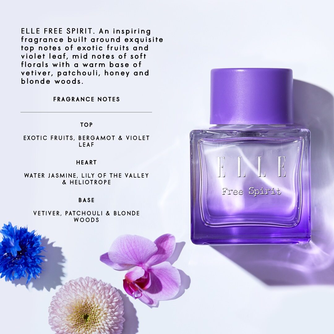 Infographic of ELLE Free Spirit by ELLE Parfums, featuring a striking purple bottle with a feminine and captivating carton design. This fragrance embodies the celebration of individuality, the vibrancy of a free spirit, and the strength of womanhood. The eau de parfum offers a unique blend of woody and tropical notes, making it a bold and empowering choice.