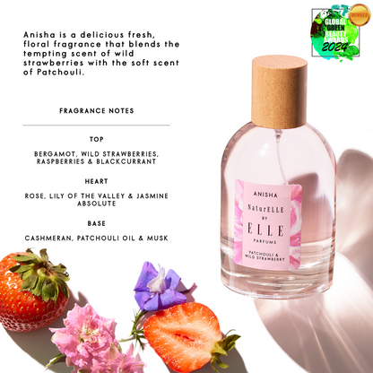 Infographic of NaturELLE Anisha by ELLE Parfums 100ml. The main ingredients in Anisha Eau De Parfum are Patchouli & Wild Strawberry. It's vegan, cruelty-free, naturally and ethically sourced. It's perfect for day and night.