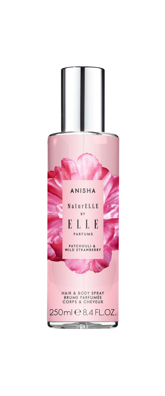 Packshot of Anisha Hair & Body Spray by ELLE Parfums 100ml. The main ingredients in Anisha Eau De Parfum are Patchouli & Wild Strawberry. It's vegan, cruelty-free, naturally and ethically sourced. It's perfect for day and night.