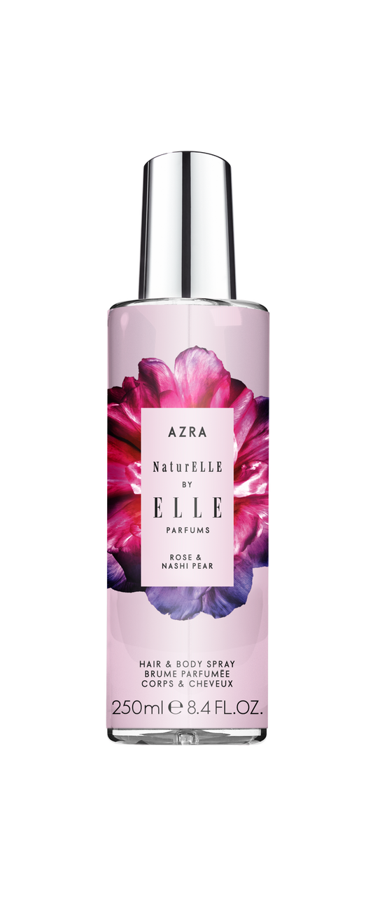 Packshot of Azra Hair & Body Spray by ELLE Parfums 100ml. The main ingredients in Azra Eau De Parfum are Rose & Nashi Pear. It's vegan, cruelty-free, naturally and ethically sourced. It's perfect for day and night.