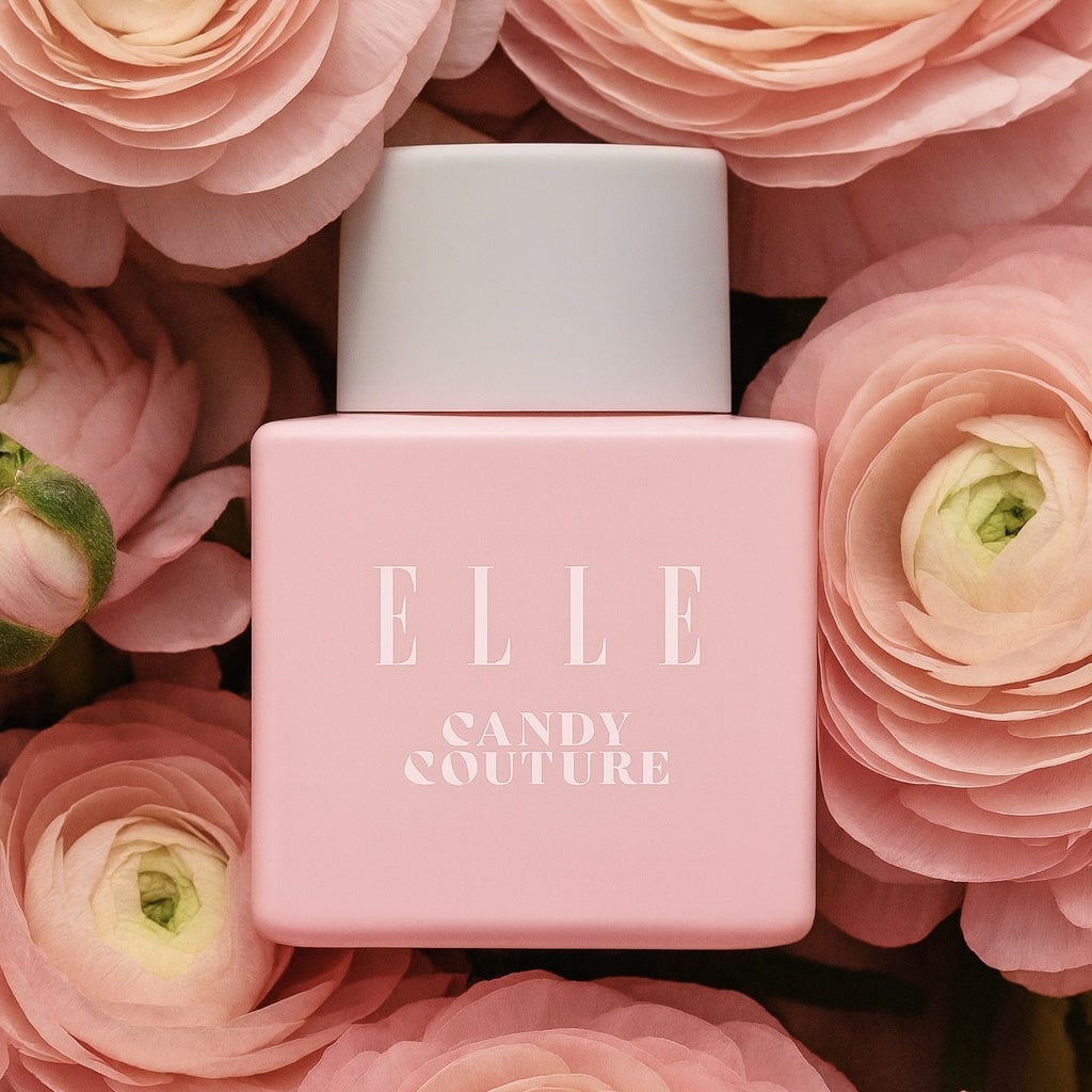 Pastel Pink ELLE Candy Couture perfume bottle on a floral background which reflect the vibe of the scent.