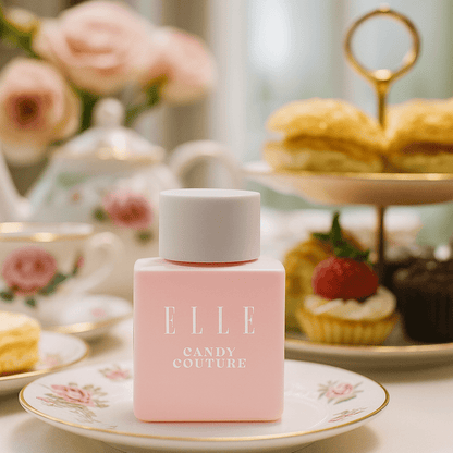 Pastel Pink ELLE Candy Couture perfume bottle on a floral plate with afternoon tea set and pastries in the background with strawberries and cream which reflect the vibe of the scent.
