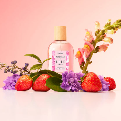 Lifestyle image of NaturELLE Anisha by ELLE Parfums 100ml. The main ingredients in Anisha Eau De Parfum are Patchouli & Wild Strawberry. It's vegan, cruelty-free, naturally and ethically sourced. It's perfect for day and night.