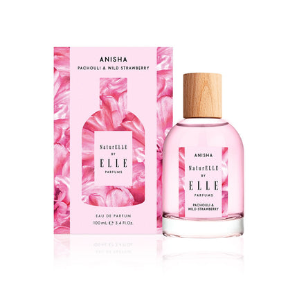 Packshot of NaturELLE Anisha by ELLE Parfums 100ml. The main ingredients in Anisha Eau De Parfum are Patchouli & Wild Strawberry. It's vegan, cruelty-free, naturally and ethically sourced. It's perfect for day and night.