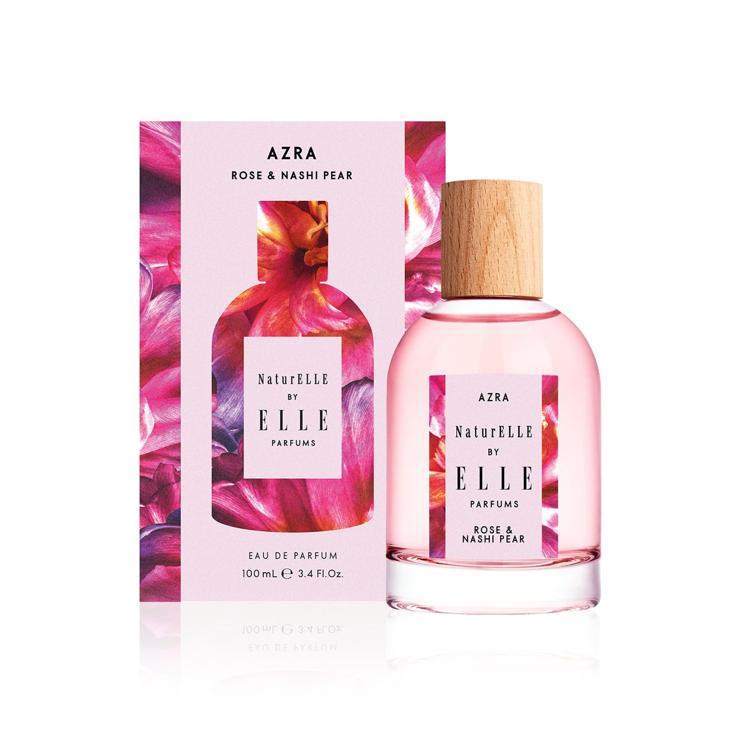 Packshot of NaturELLE Azra by ELLE Parfums 100ml. The main ingredients in Azra Eau De Parfum are Rose & Nashi Pear. It's vegan, cruelty-free, naturally and ethically sourced. It's perfect for day and night.