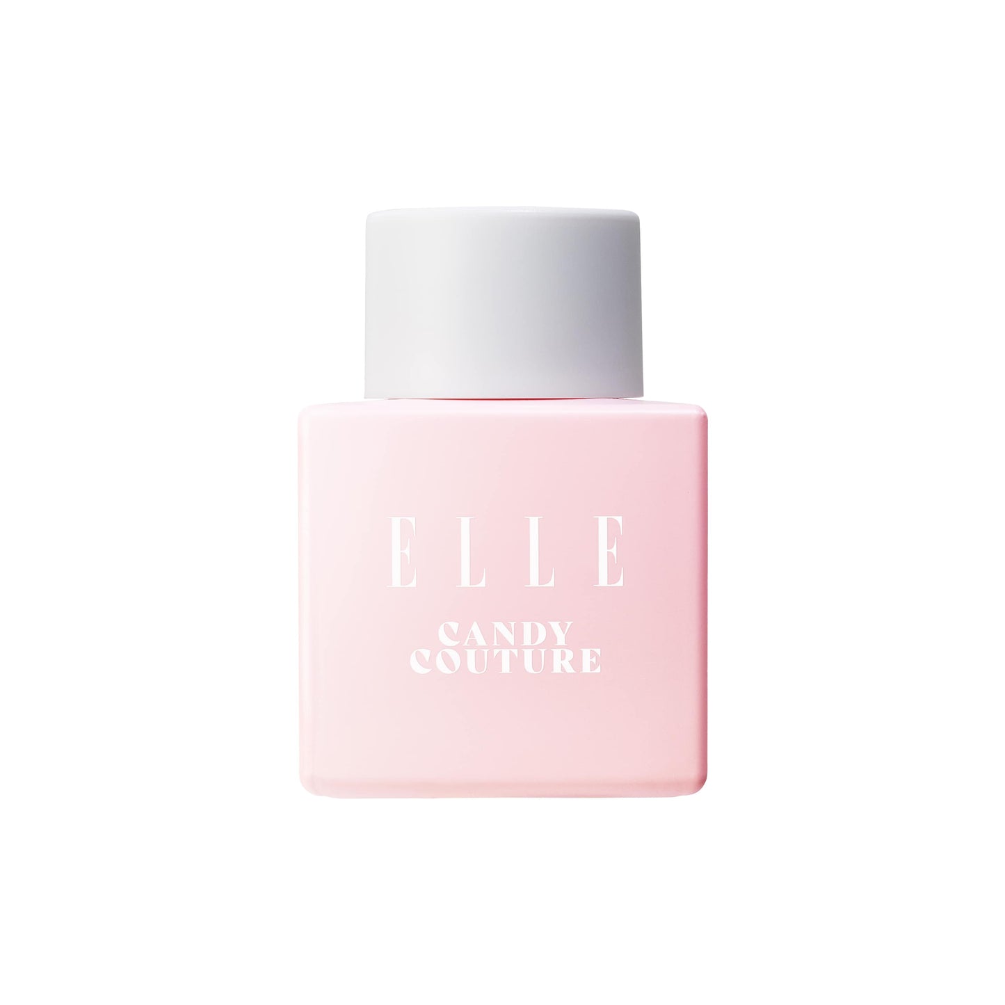 Pink perfume bottle with white cap labelled 'ELLE Candy Couture' on a white background. Pink colour is pretty and playful and creates a sweet ambience. 