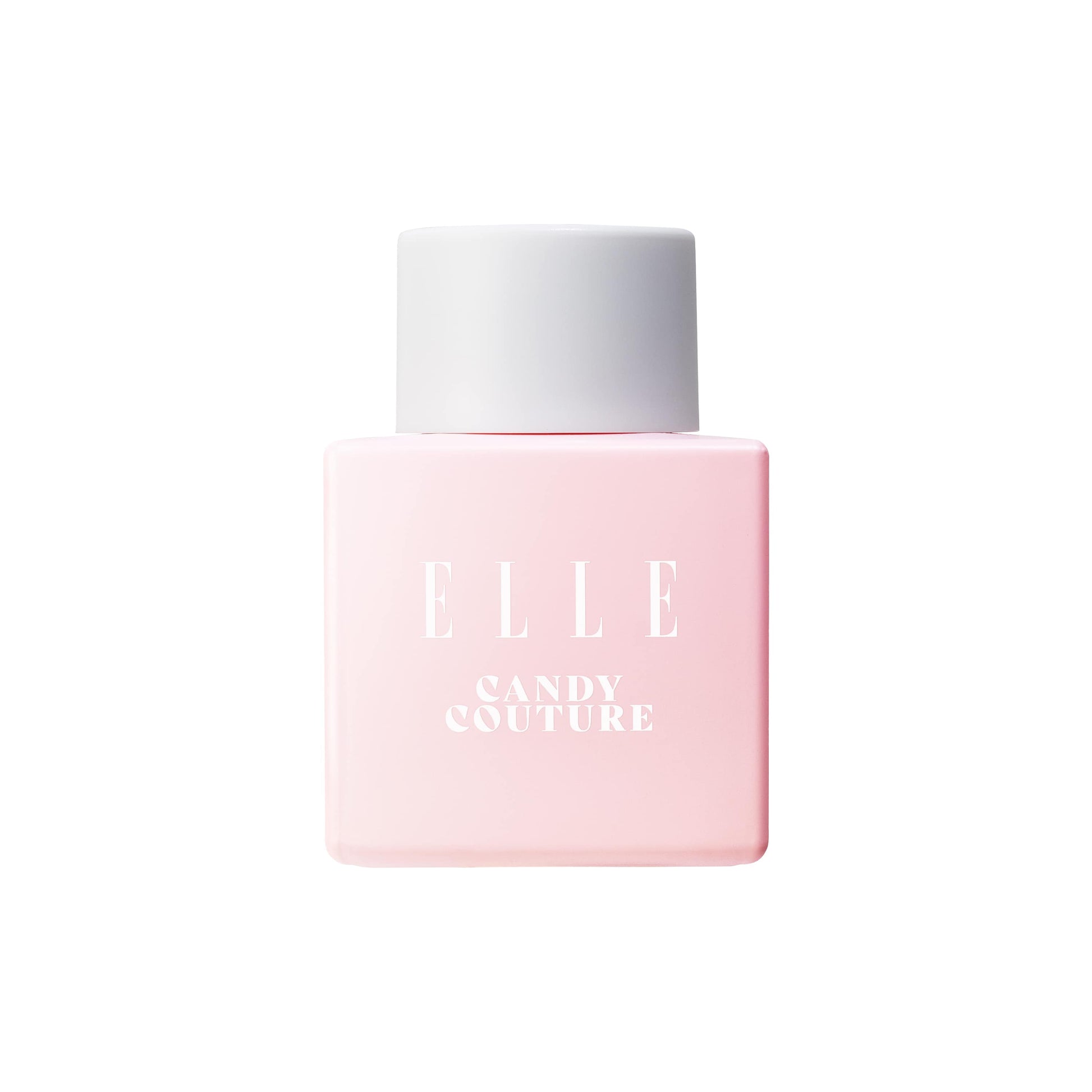 Pink perfume bottle with white cap labelled 'ELLE Candy Couture' on a white background. Pink colour is pretty and playful and creates a sweet ambience. 
