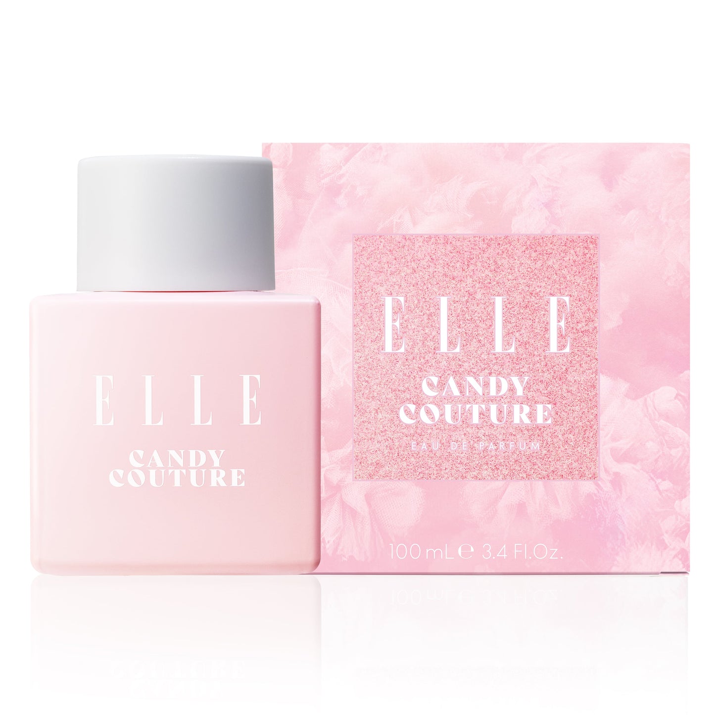 ELLE Candy Couture perfume bottle and packaging on a white background. Pink, glittery and playful packaging which create a sense of sweetness in how you'd imagine the scent