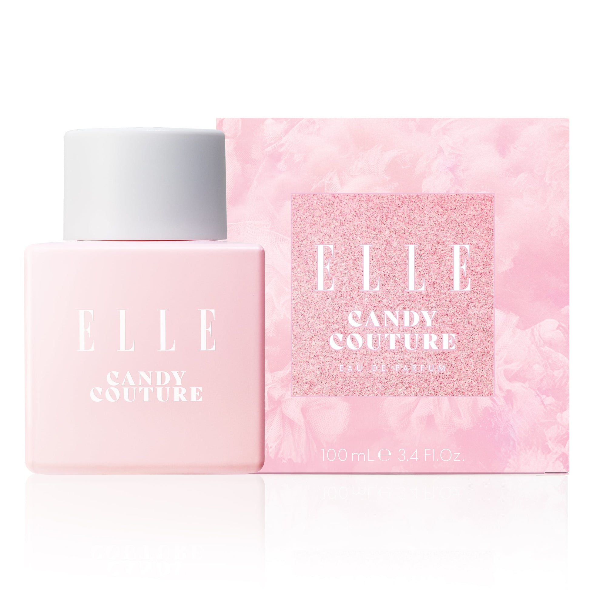 ELLE Candy Couture perfume bottle and packaging on a white background. Pink, glittery and playful packaging which create a sense of sweetness in how you'd imagine the scent