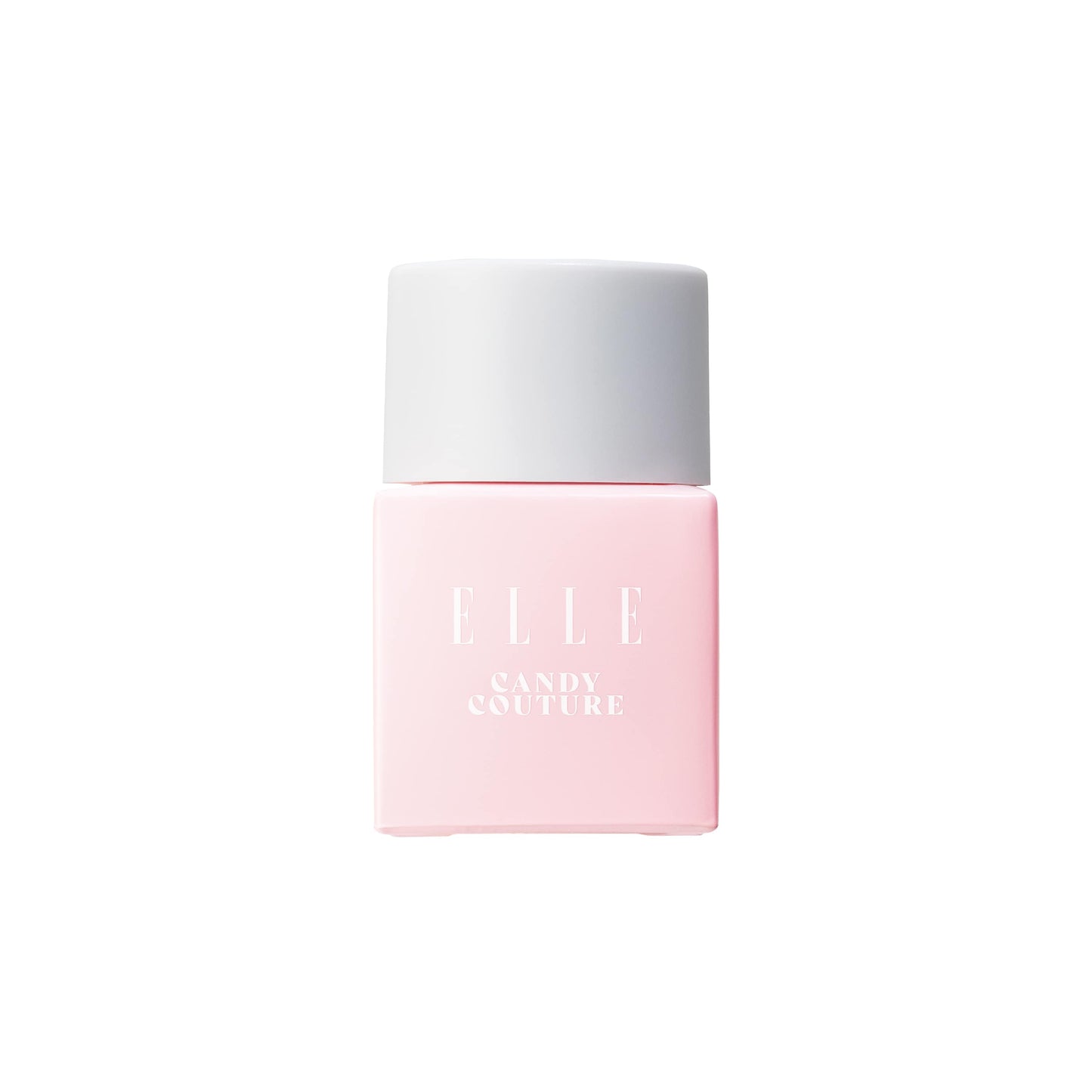 Pink perfume bottle with white cap labelled 'ELLE Candy Couture' on a white background. Pink colour is pretty and playful and creates a sweet ambience. 