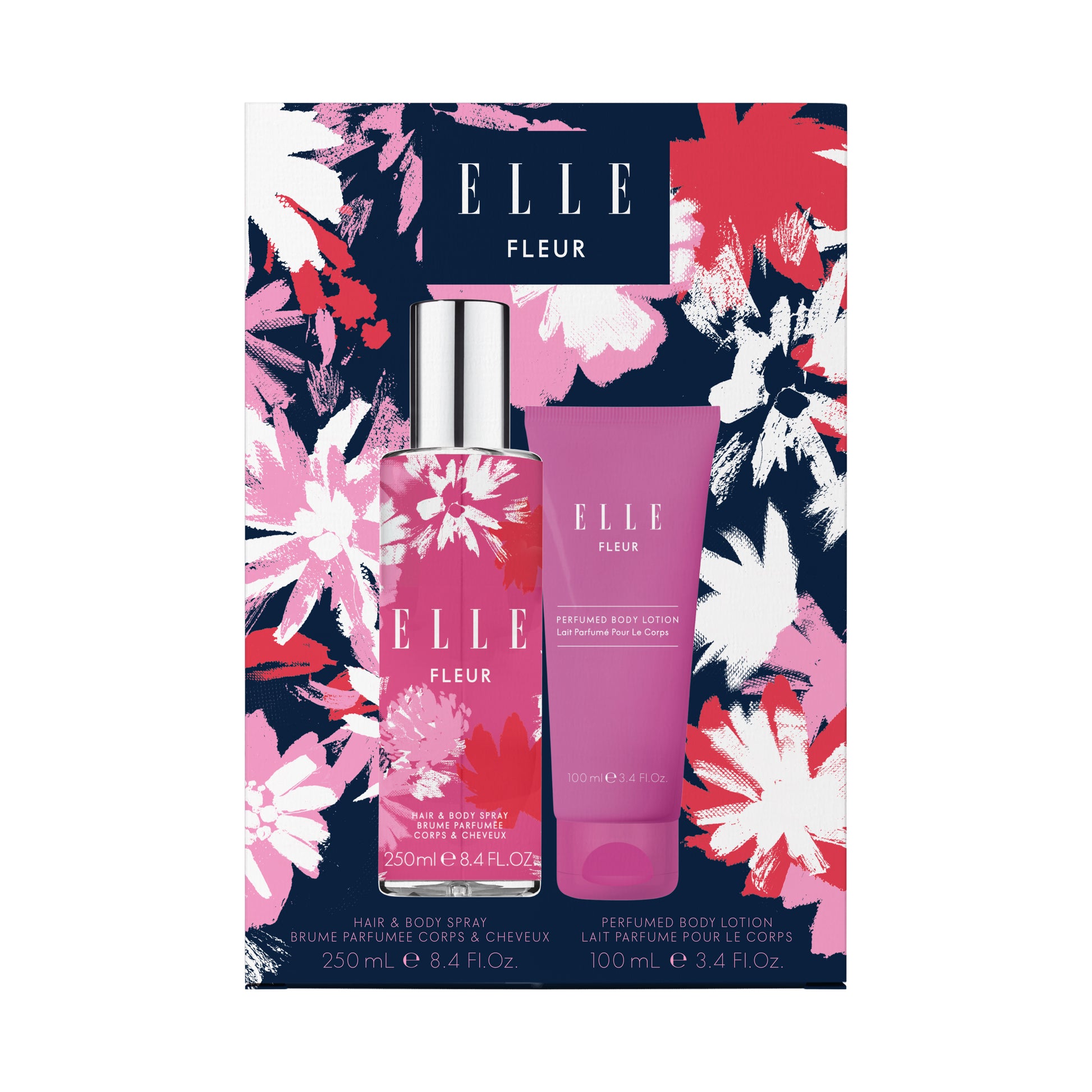 ELLE Parfums giftset including the ELLE Fleur hair & body spray 250ml and ELLE Fleur perfumed body lotion 100ml. Perfect for gifting and lovers of floral perfumes. 