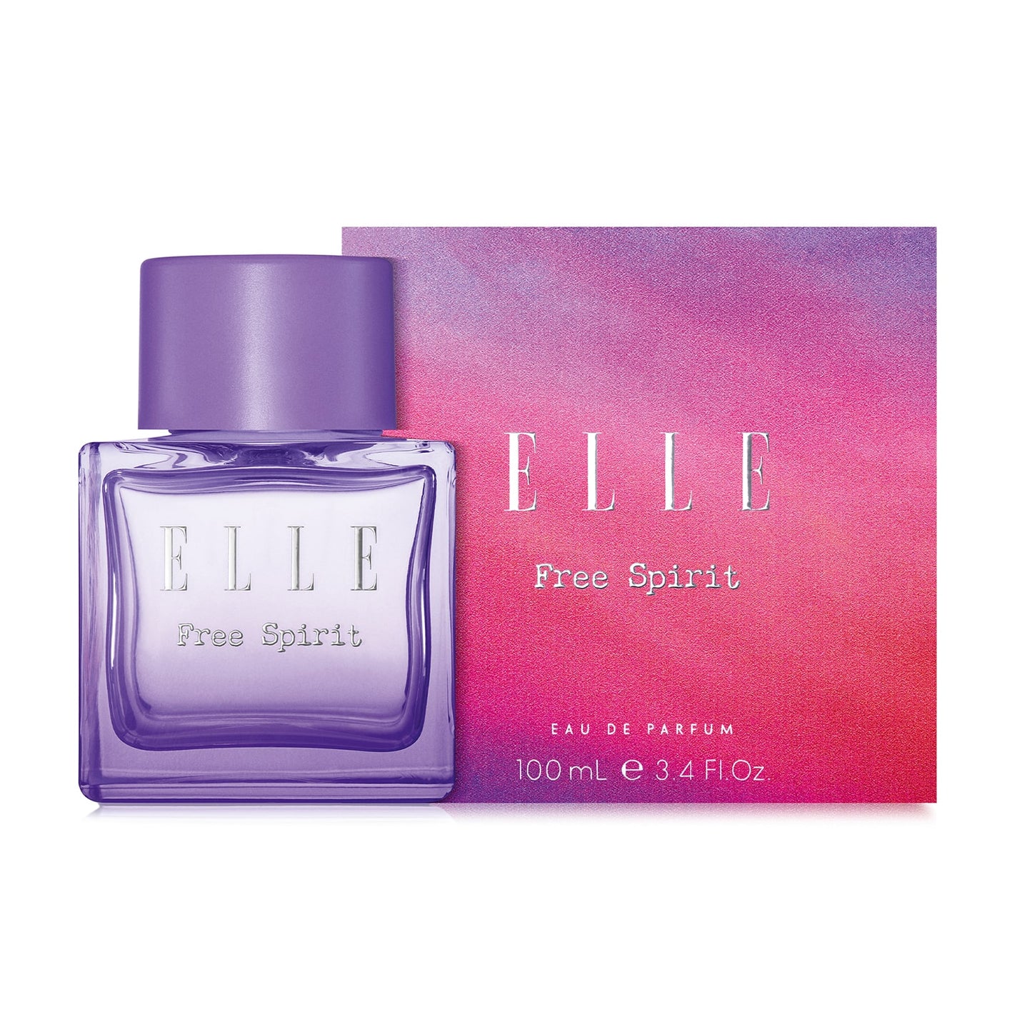 Packshot of ELLE Free Spirit by ELLE Parfums, featuring a striking purple bottle with a feminine and captivating carton design. This fragrance embodies the celebration of individuality, the vibrancy of a free spirit, and the strength of womanhood. The eau de parfum offers a unique blend of woody and tropical notes, making it a bold and empowering choice.