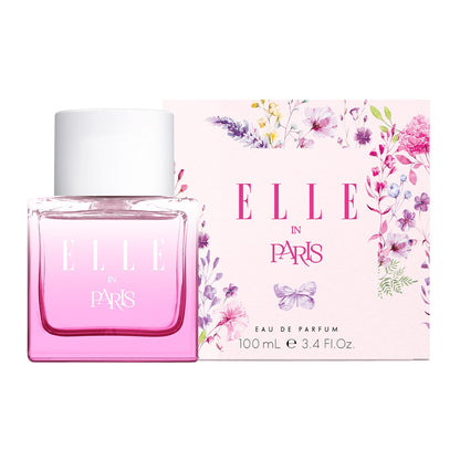 Packshot of ELLE In Paris by ELLE Parfums, a fruity and floral eau de parfum inspired by the elegant Parisian lifestyle. This versatile fragrance is ideal for both day and night, cruelty-free, and suitable for vegans and vegetarians. Perfect for those seeking a chic and ethical scent.