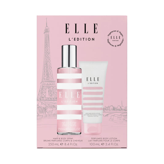 ELLE Parfums giftset including the ELLE L'Edition hair & body spray 250ml and ELLE L'Edition perfumed body lotion 100ml. Perfect for gifting and lovers of floral perfumes. 