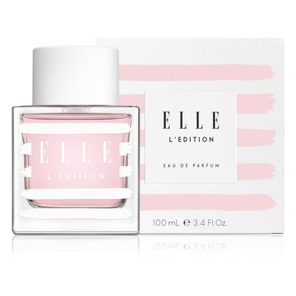 Packshot of L'Edition by ELLE Parfums, a fruity and floral eau de parfum inspired by the elegant Parisian lifestyle. This versatile fragrance is ideal for both day and night, cruelty-free, and suitable for vegans and vegetarians. Perfect for those seeking a chic and ethical scent.