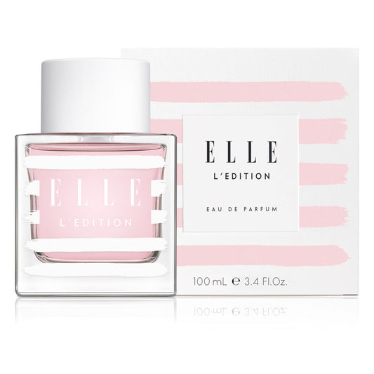 Packshot of L'Edition by ELLE Parfums, a fruity and floral eau de parfum inspired by the elegant Parisian lifestyle. This versatile fragrance is ideal for both day and night, cruelty-free, and suitable for vegans and vegetarians. Perfect for those seeking a chic and ethical scent.