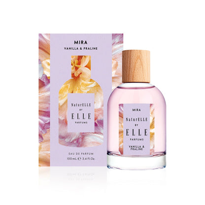 Packshot of Mira by ELLE Parfums 100ml. The main ingredients in Mira Eau De Parfum are Vanilla & Praline. It's vegan, cruelty-free, naturally and ethically sourced. It's perfect for day and night.