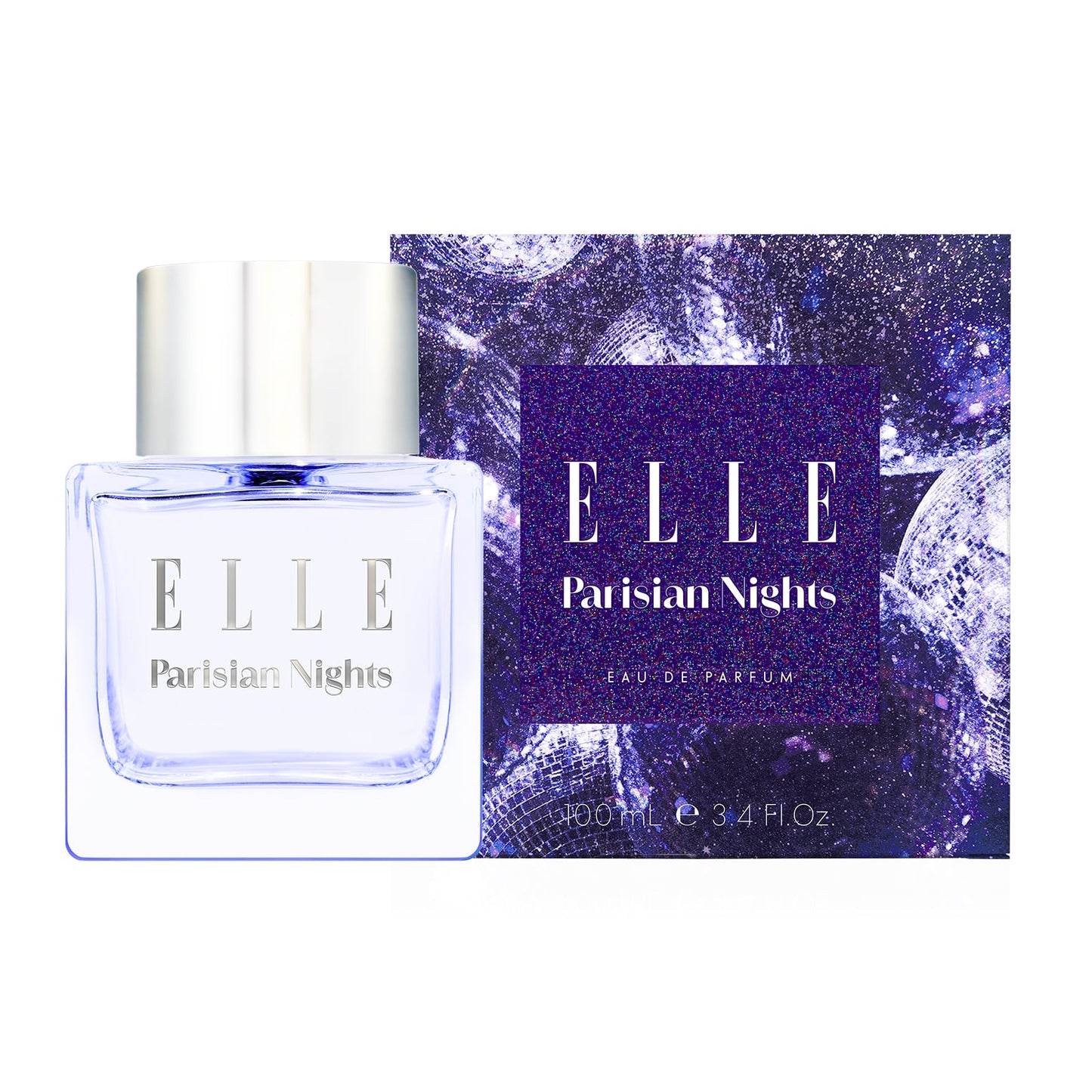 Packshot of ELLE Parisian Nights fragrance by ELLE Parfums. A purple, girly bottle embodies a woody and floral scent that's a dupe for Baccarat Rouge 504 —perfect as a date night scent. This eau de perfume embodies the essence of a night out in Paris. 