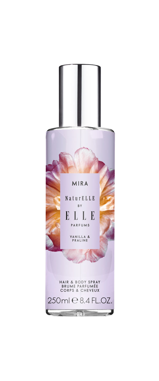 Packshot of Mira Hair & Body Spray by ELLE Parfums 100ml. The main ingredients in Mira Eau De Parfum are Vanilla & Praline. It's vegan, cruelty-free, naturally and ethically sourced. It's perfect for day and night.