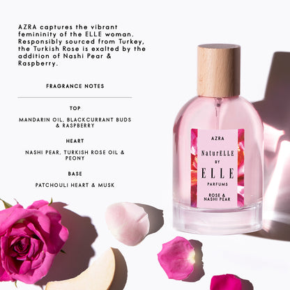 Infographic of NaturELLE Azra by ELLE Parfums 100ml. The main ingredients in Azra Eau De Parfum are Rose & Nashi Pear. It's vegan, cruelty-free, naturally and ethically sourced. It's perfect for day and night.