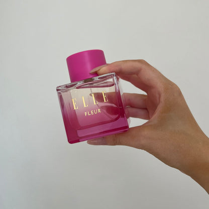 Packshot of Fleur fragrance by ELLE Parfums. A pink, girly bottle embodies a fruity, floral, and gourmand scent—perfect as an everyday eau de parfum for ladies and young women seeking a fresh, feminine fragrance.