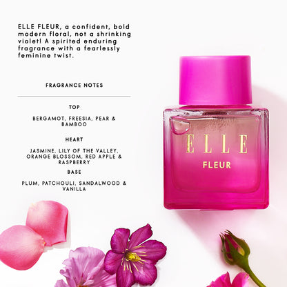 An infographic of the Fleur fragrance by ELLE Parfums. This graphic includes top notes of Bergamot, Freesia and Pear; Heart notes of Jasmine, Lily of the valley, orange and apple; Base notes of plum, patchouli, sandalwood and vanilla. 