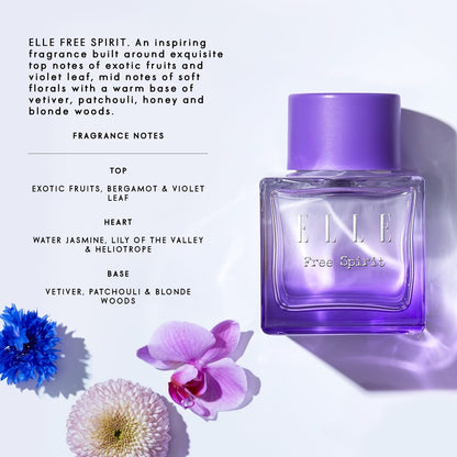 Infographic of ELLE Free Spirit by ELLE Parfums, featuring a striking purple bottle with a feminine and captivating carton design. This fragrance embodies the celebration of individuality, the vibrancy of a free spirit, and the strength of womanhood. The eau de parfum offers a unique blend of woody and tropical notes, making it a bold and empowering choice.
