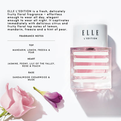 Infographic of L'Edition by ELLE Parfums, a fruity and floral eau de parfum inspired by the elegant Parisian lifestyle. This versatile fragrance is ideal for both day and night, cruelty-free, and suitable for vegans and vegetarians. Perfect for those seeking a chic and ethical scent.