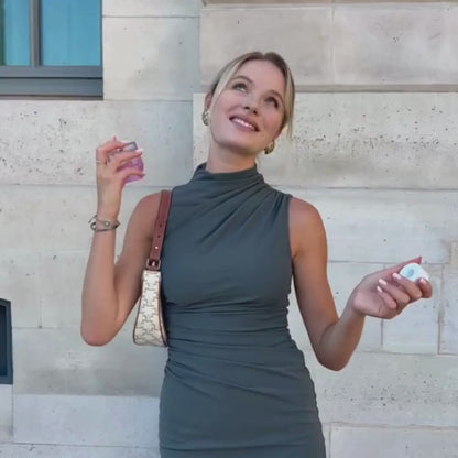 UGC Video of model spritzing ELLE In Paris by ELLE Parfums, a fruity and floral eau de parfum inspired by the elegant Parisian lifestyle. This versatile fragrance is ideal for both day and night, cruelty-free, and suitable for vegans and vegetarians. Perfect for those seeking a chic and ethical scent.
